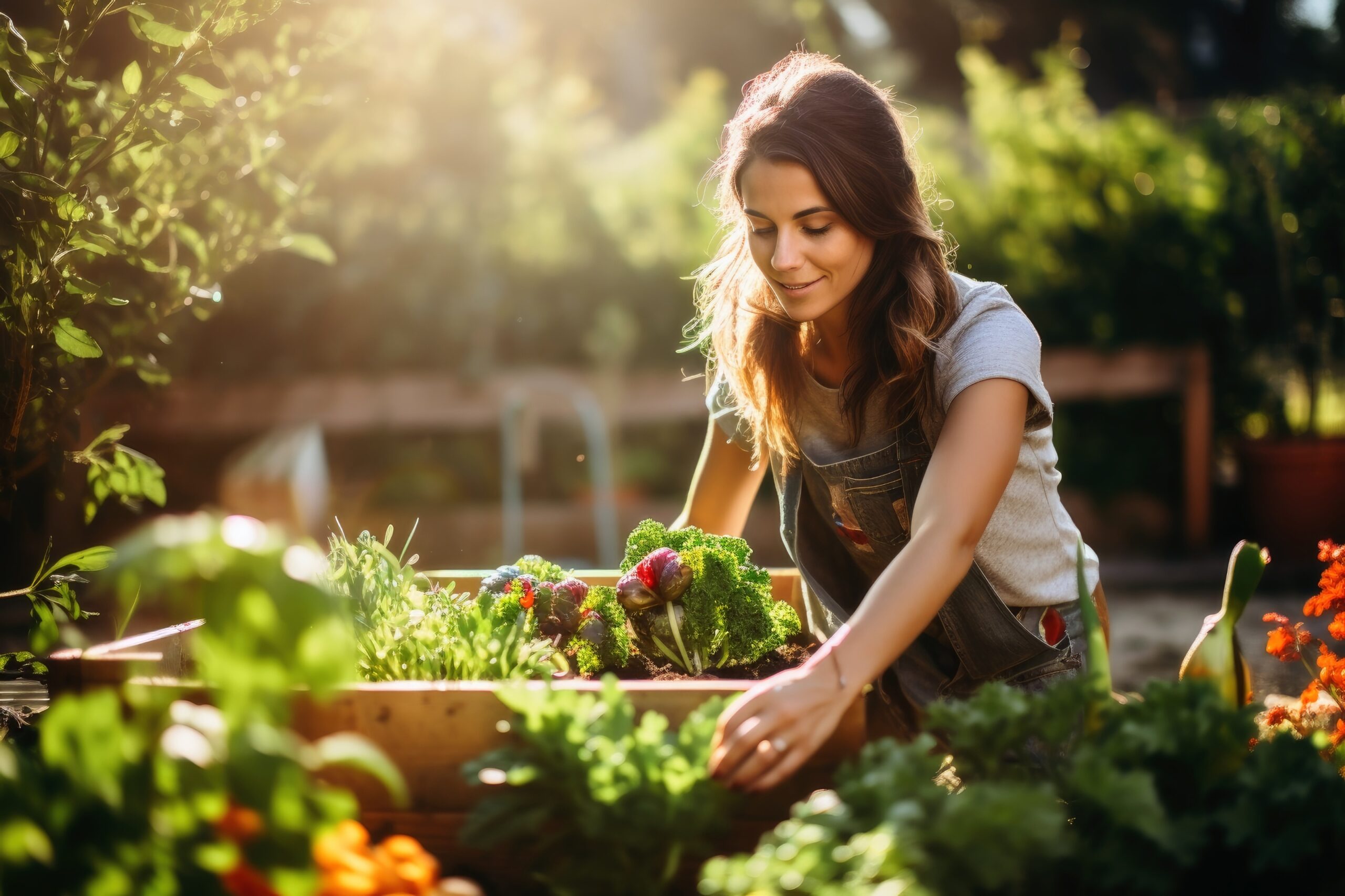A woman while gardening in a raised bed. Sehr gut in Hochbeeten